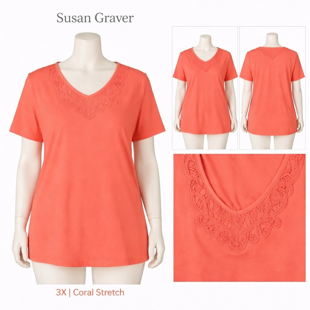 Susan Graver Womens 3X Battenburg Lace‎ Trimmed T Shirt Stretch Coral A70675/62